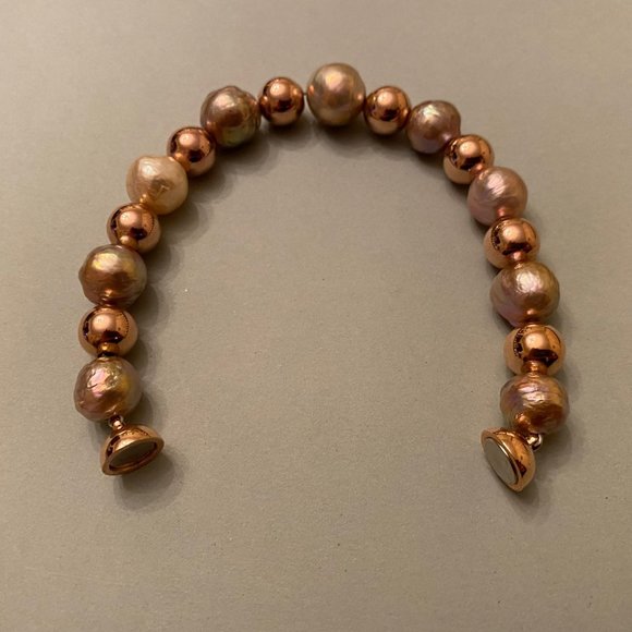 Radiant Honora Ming Pearl and Italian Rose Gold Bronze Bead Bracelet, 6.5" - Picture 11 of 13